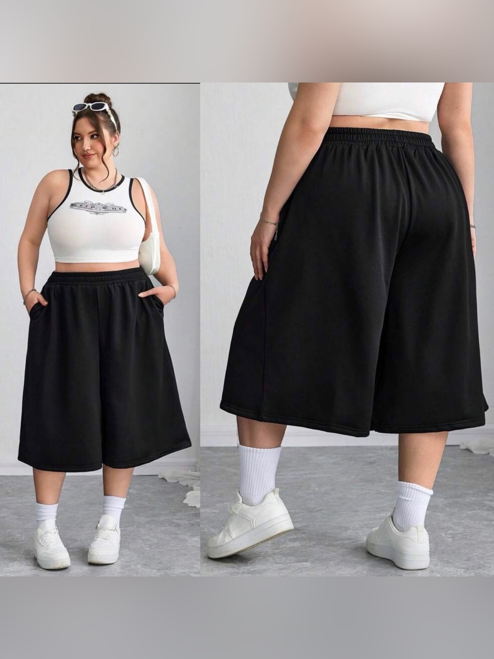 SHEINCurve+ Black Wide-Leg Mid-Length Shorts